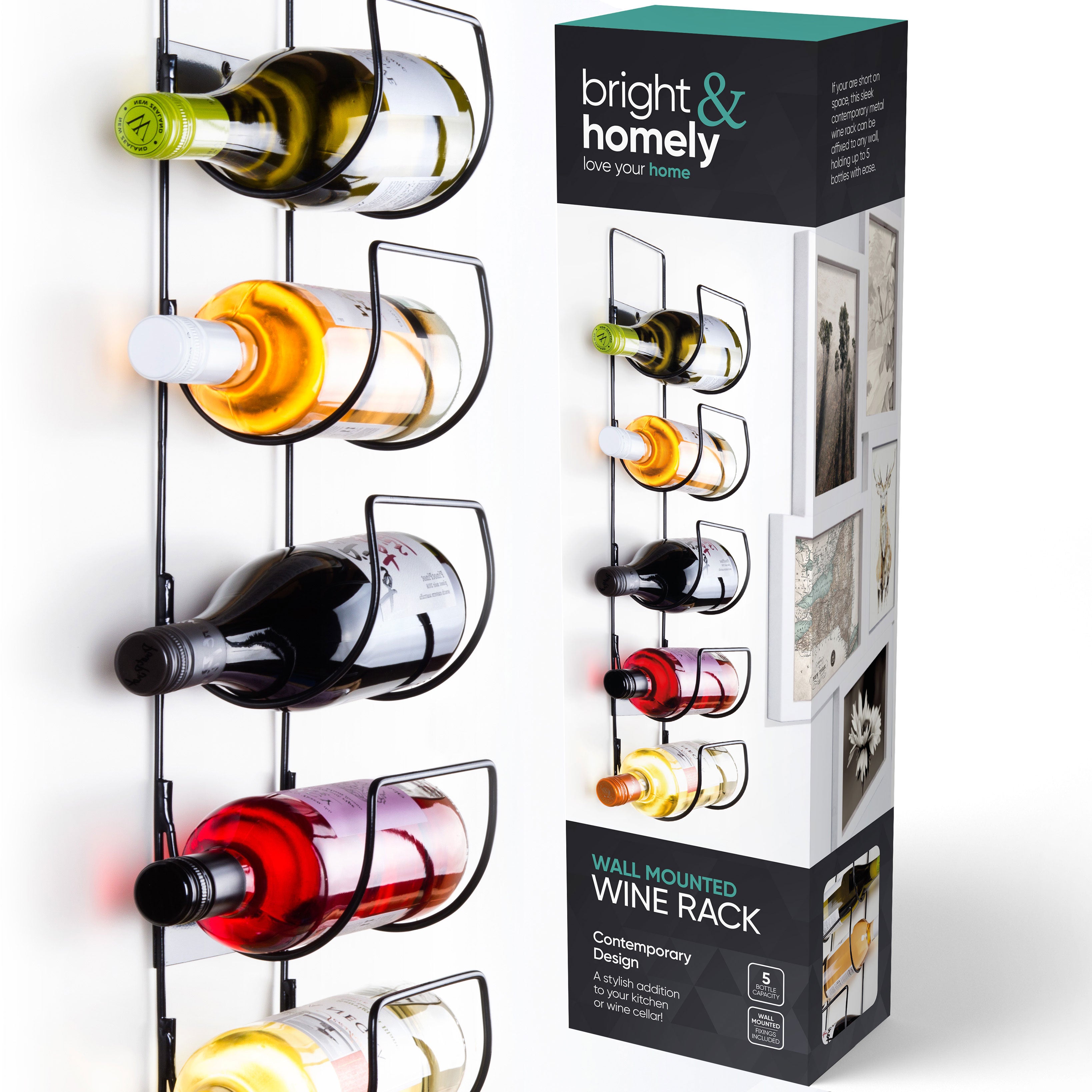 5 Bottle Wine Rack Black Metal Wall Mounted Storage Holder Shelf Kitchen Vine 5 Bottle Wine Rack Black Metal Wall Mounted Storage Holder Shelf Kitchen Vine